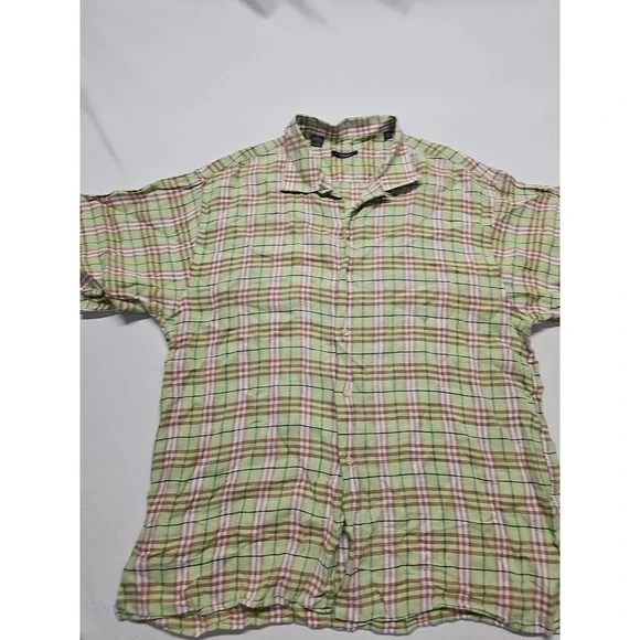 Vtg Burberry Men's Short Sleeve Linen Button Up Green Beige Check USA Made Sz XL - Picture 3 of 13